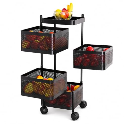 Image of Homeor 4 Layer Kitchen Trolley with Wheels | 360 Rotating Metal Storage Rack for Vegetables, Fruits, Onion & Spices | Square Multipurpose Kitchen Organizer Stand | Metal Kitchen Trolley, Matte Black