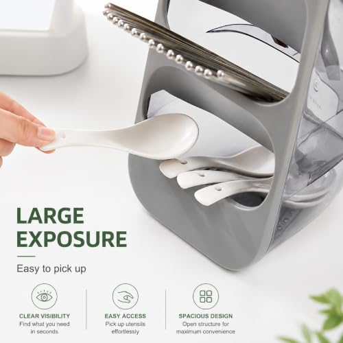 Image of Kitchen Utensil Holder with Drain Tray & Dustproof Cover | 3 Compartment Cutlery Organizer | Self Draining Countertop Storage Rack for Spoons Forks Chopsticks Kitchen Accessories (Grey)