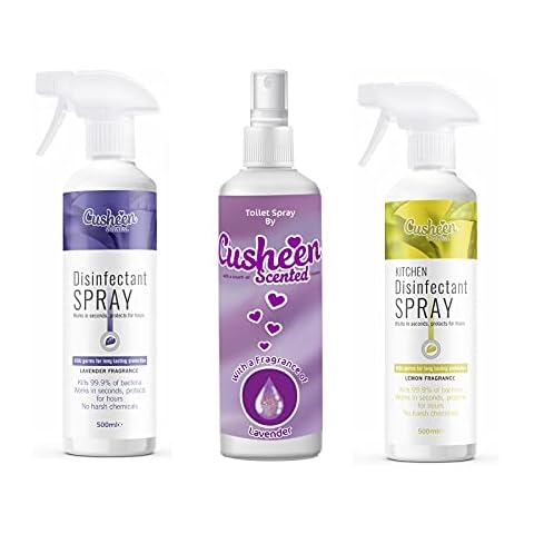 Cusheen Cleaning Bundle - Lemon Scented Kitchen Disinfectant Spray, Lavender Scented Multi Surface Disinfectant Spray and Lavender Scented Bathroom Disinfectant Spray, 3 x 500ml Sprays Cover