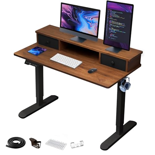 iXTRA Electric Standing Desk 120x60cm with 2 Drawers Height Adjustable Whole Piece Desktop Storage Shelf Hook Cup Holder Cable Management Walnut