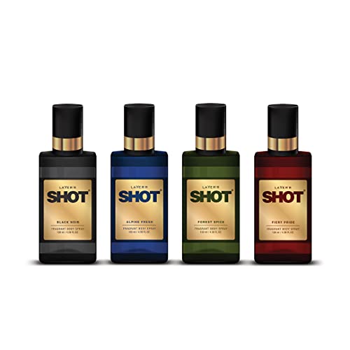 Image of Layer'r Shot Alpine Fresh + Forest Spice + Fiery Pride and Black Noir | Long Lasting Body Spray | Combo Pack of 4 for Men | 130ml