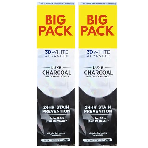 2 Pack Bundle - Oral B 3D White Advanced - Luxe Charcoal with Charcoal Powder (2x100ml). 24 Hour Stain Prevention - Up to 100% Stain Removal with Twice A Day Brushing (Surface Stains).