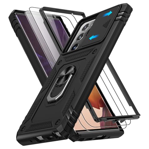 for Samsung Galaxy Note 20 Ultra Case with Screen Protector*2, Note 20 Ultra Phone Case Build in 360° Rotating Ring Kickstand, Military Grade Protective Cover for Note 20 Ultra Phone Black