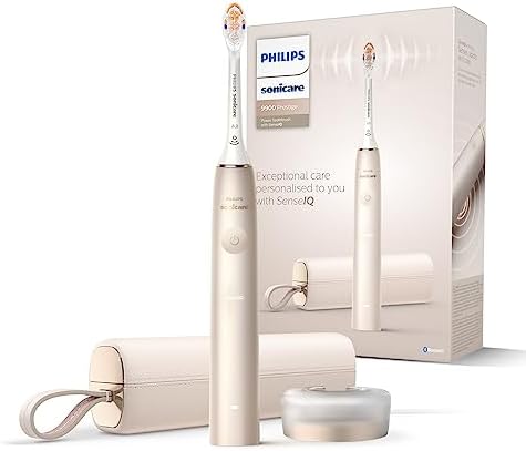 Philips Sonicare DiamondClean Prestige 9900 elektryczna soniczna szczoteczka do zębów z wysokiej klasy główką szczoteczki A3 typu All-in-One i etui do ładowania w kolorze szampańskim (model HX9992/11)