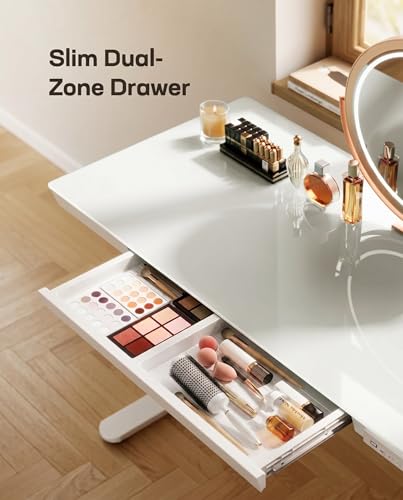 Image of Marsail Glass Standing Desk with Drawer, 47.24 inch Electric Standing Desk, Height Adjustable Desk with One-Piece Tabletop & USB Charging Ports, Sit Stand Desk with Storage for Home & Office White