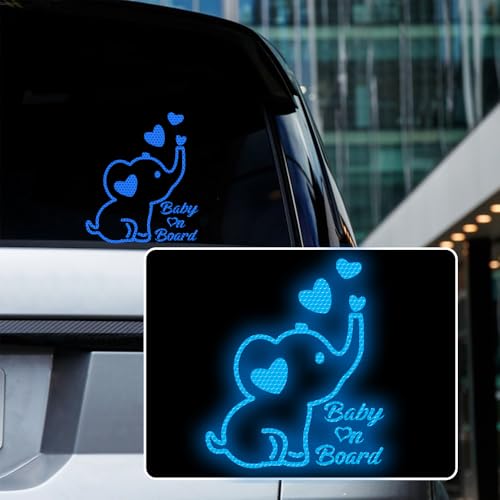 Image of High Intensity Reflective Baby on Board Car Decal Cartoon Cute Elephant Kids on Board Car Sticker Waterproof Safety Warning Decal Baby in Car Sticker (Blue)