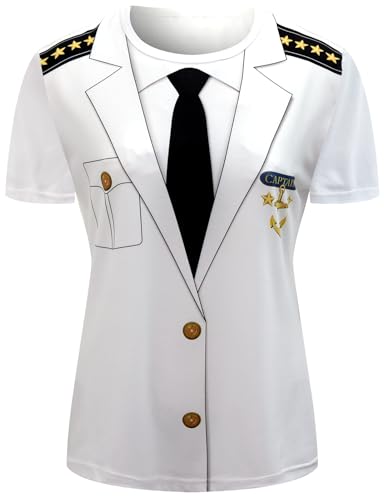 Funny World Womens Captain T-Shirt Yacht Costume Sailor Shirt Large White
