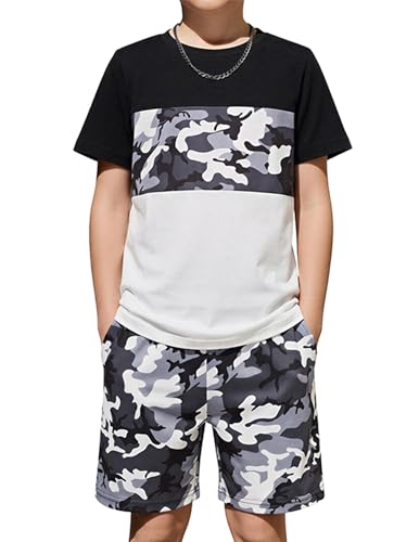 Image of Arshiner Boys' 2-Piece Cotton Outfit Color Block T-Shirt and Shorts Set Summer Camo Clothes for Kids 5-14 Years