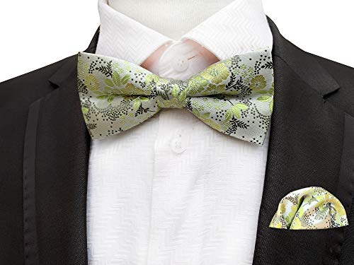 Men Green Silver Silk Cravat Bow Tie Pocket Square Set Jacquard Mint Wedding Holiday Prom Neckwear #TOP1
