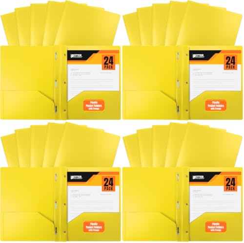 Image of Better Office Products Yellow Plastic 2 Pocket Folders with Prongs, Heavyweight, Letter Size Poly Folders, 96 Pack, with 3 Metal Prongs Fastener Clips, Yellow