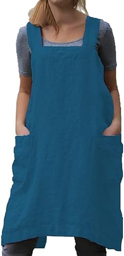 Miniatura 10 de TBA Delantal de lino de algodón con espalda cruzada para mujer con bolsillos grandes, vestido cuadrado para hornear, cocinar, barbacoa y parrilla