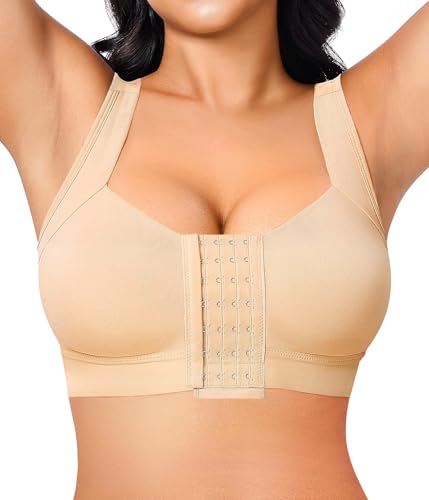 Nebility Post Surgery Front Closure Sports Bra for Women Compression Bras with Breast Support Wirefree (Beige M)