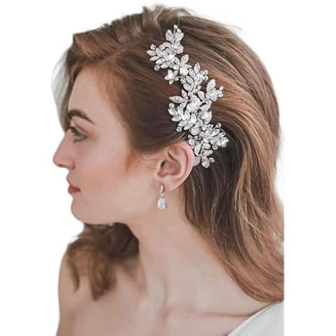 Evild Rhinestone Wedding Hair Comb Leaf Bead Headpieces Clip Crystal Bridal Headdress Flower Accessories for Brides and Bridesmaids (Silver) Cover