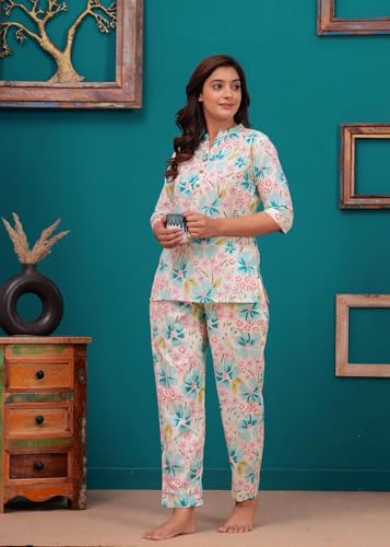 Image of Women Cotton Relaxed Fit Fit and Flare Suit | Printed Night Suit | Half Sleeve Co-Ord Set