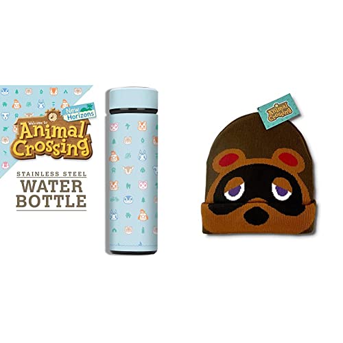 Controller Gear Animal Crossing: New Horizons - Outdoor Pattern Vacuum Insulated Stainless Steel Sport Water Bottle, 17 oz, 500 ML & Authentic and Officially Licensed Animal Crossing, Tom Nook Beanie