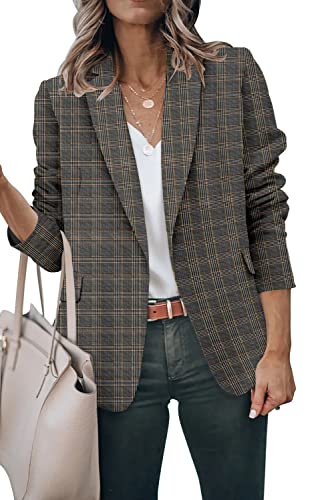 Blazers For Women Casual Open Front Long Sleeve Lapel Regular Fit Jacket Grey Grid M #TOP3