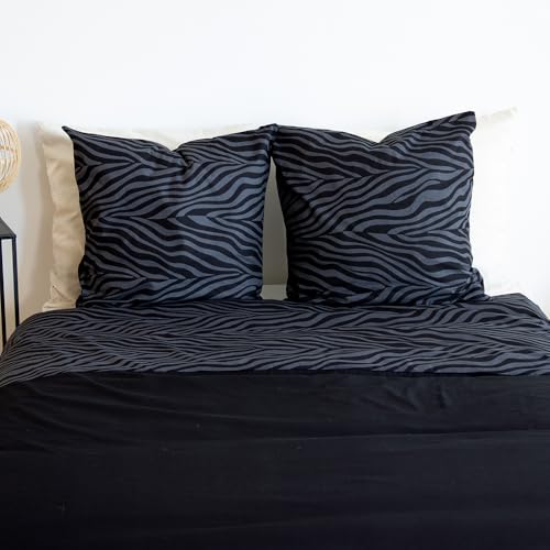 CÔTE DECO Parure de Lit 220x240 Adulte - Housse de Couette 220x240 cm Imprimé Zébré Réversible + 2 Taies d'oreiller 63x63 cm - 100% Coton Noir - 3 Pièces