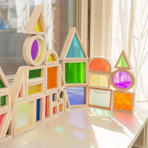 Image of WOODENFUN Wood Building Blocks Set for Kids, 32 Pcs Rainbow Stacker Stacking Game Construction Toys Set Preschool Colorful Learning Educational Toys, Geometry Wooden Blocks for Boys Girls
