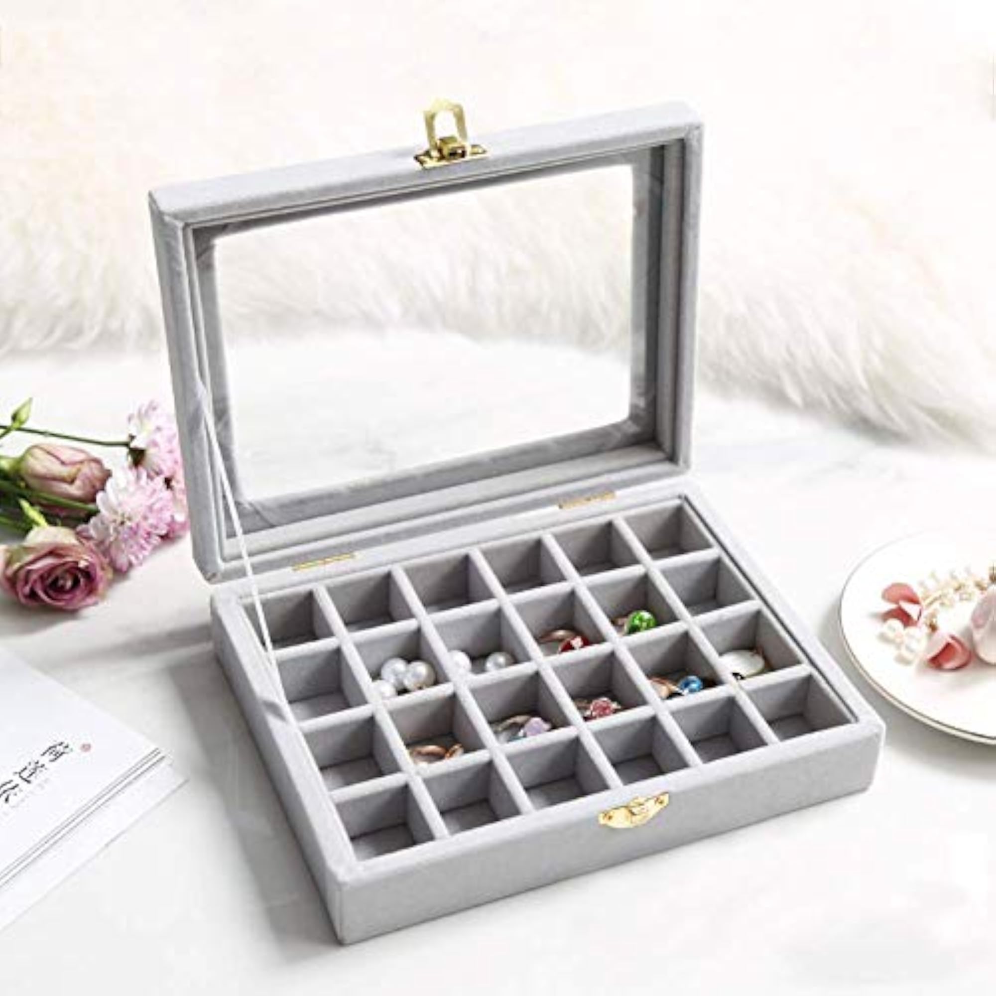 Velvet Jewelry Storage Case - 24 Compartments Earring Ring Organizer Box