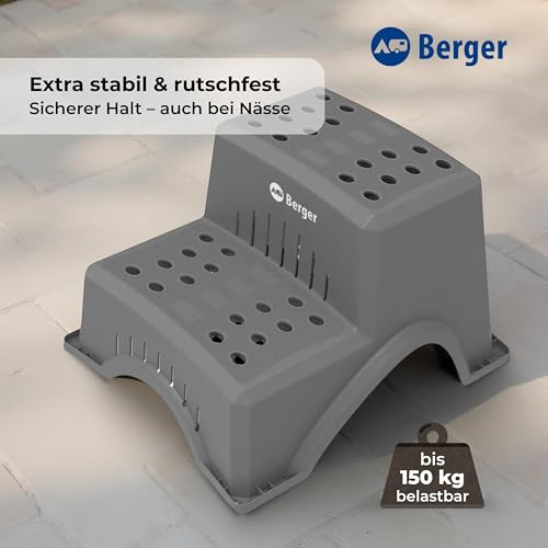 BERGER Tritthocker belastbar bis 150 kg | Robuste Camping Trittstufe Einstiegshilfe für Wohnmobil Wohnwagen | Doppeltritt mit großer Rutschfester Trittfläche | Sicher & Stabil