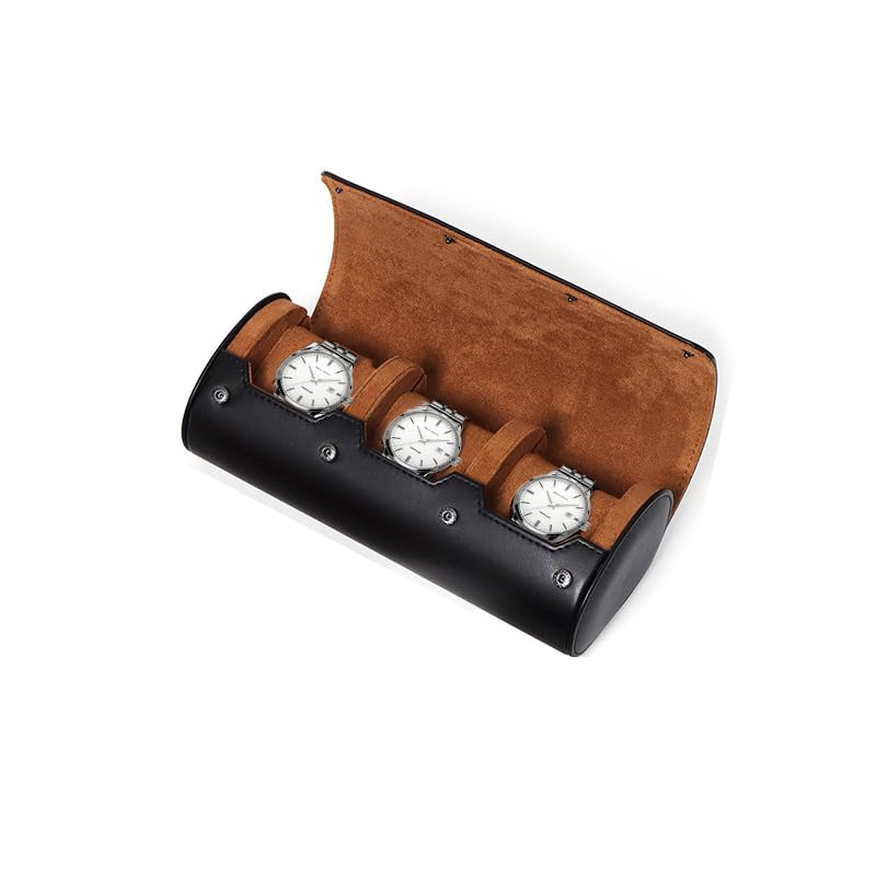 Watch Roll - Brown Recycled Leather Watch Travel Case & Watch Band Storage - 3 Watch Case (BLACK)
