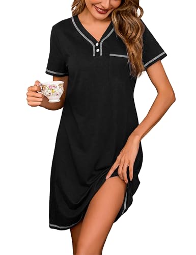 Litherday Camisón Mujer Verano Cuello en V con Borde Contrastado y Bolsillo Pijama Suave y Fresco de Manga Corta para Dormir Ropa de Casa Cómoda Negro XL