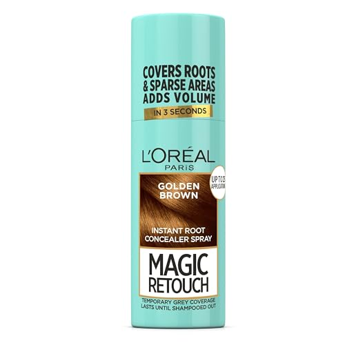 L'Oréal Paris Magic Retouch Instant Root Spray, Golden Brown. Provides flawless coverage for grey regrowth in 3 seconds. The 75ml spray ensures quick, easy application for a natural finish.