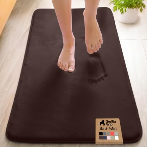 Image of GORILLA GRIP Memory Foam Bath Mat, Soft Absorbent Velvet Bathroom Mats, Durable Dots on Underside, Machine Washable Bathmat, Carpet Rug Room Decor for Shower Tub Floor RV, 48x24 Rugs, Brown
