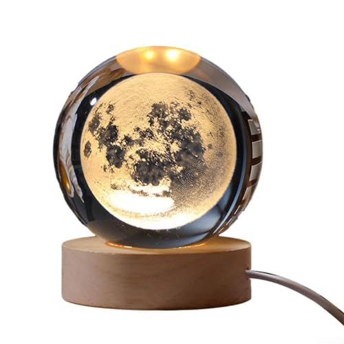 Luce notturna a sfera in cristallo, 3D intagliata internamente per luce notturna a sfera in cristallo, per decorazioni da scrivania, decorazioni di Capodanno (la luna)