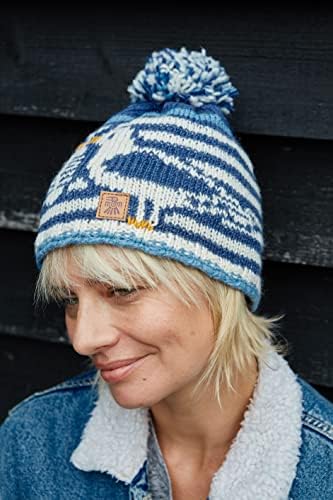 Women Wool Bobble Beanie Hat Handknitted Seagull Design Blue One Size Handmade Extra Warm Pachamama