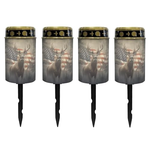 Image of Poceacles Outdoor Lights Solar Powered Flameless Candle Cemetery Votive Candles Waterproof Outdoor Memorial Candle Solar Stake Lights 4th of July Patriotic Decor, Deer American Flag Retro, Pack of 4