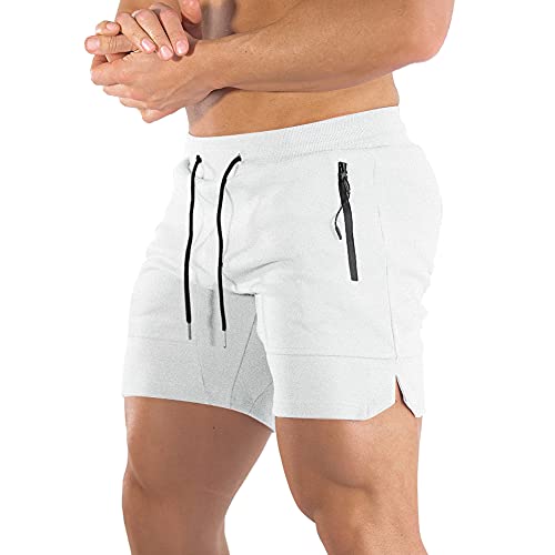 Buxkr Mens Workout Shorts 5 Inch Quick Dry Gym Shorts For Men Athletic Running Shorts With Zipper Pockets, White, M #TOP19