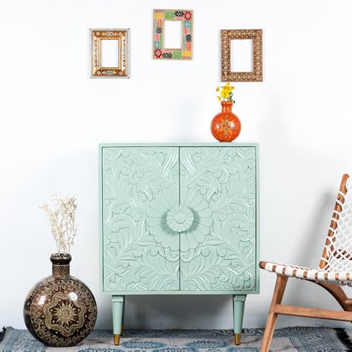 Image of Aerka Wooden Sideboard Cabinet for Living Room | Handcrafted Wooden Cabinet for Storage with Carved Doors | Cabinet for Home | Wooden Storage Furniture for Home | Light Green