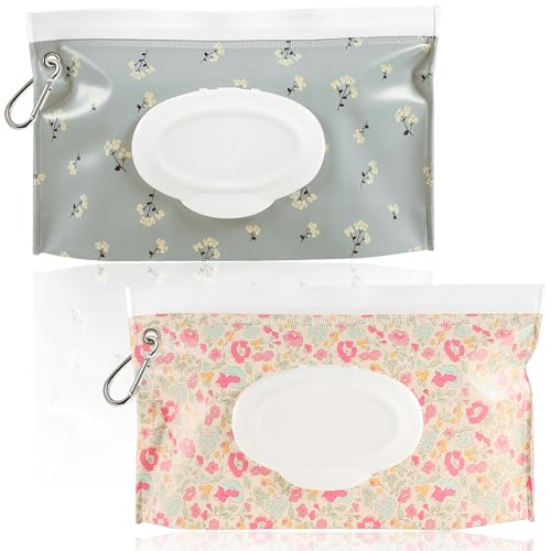 FEBSNOW 2 Pack Baby Wipes Dispenser, Portable Refillable Wipe Holder Baby Wipes Container Travel Wipes Case Reusable Wet Wipes Pouch (Floral)