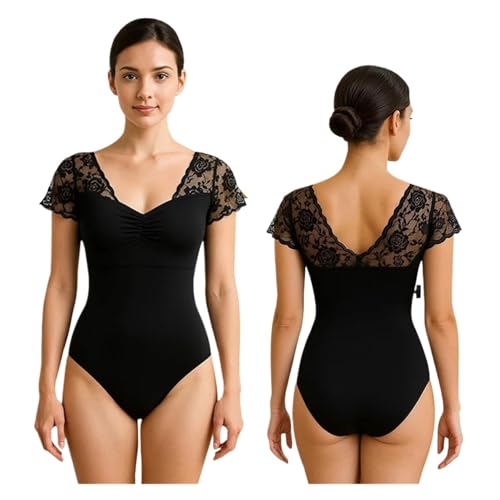 BDFJEDS Maillot Ballet Mujer Maillot de ballet manga corta con encaje for mujer, for gimnasia adulta, cordón, escote en V y espalda hueca(L)