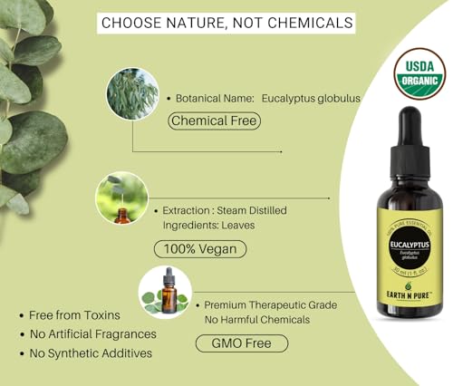 Image of Earth N Pure Eucalyptus Essential Oil (Nilgiri Oil) Undiluted, Natural, Therapeutic Grade with Glass Dropper -100 ml