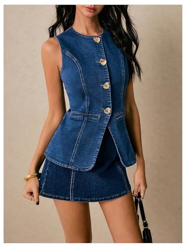 WDIRARA Women's Button Down Denim Vest Sleeveless Tank Tops Jean Jacket Waistcoat2