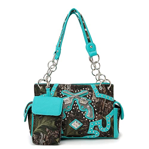 Camouflage Western Style Totes Studded Floral Handbag Tooled Leather Purse Country Women Shoulder Bag Zipper Wallet Set2