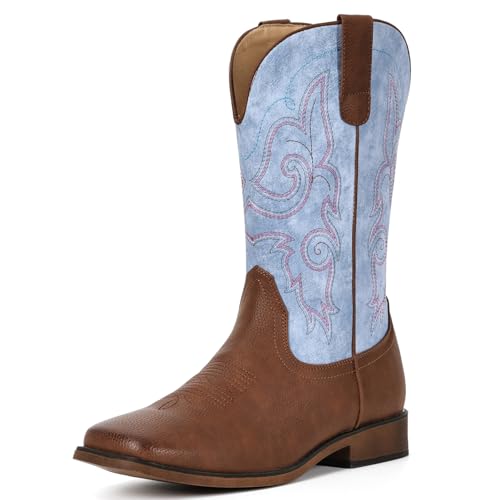 Image of IUV Cowboy Boots For Women Square Toe Cowgirl Wide Mid Calf Western Boots | Comfortable, Pull-on, Colorful Embroidered, Vintage-modern, Stylish for Daily Life and Outdoor Adventures.