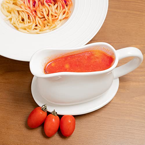Gonioa 17oz Ceramic Gravy Boat with Saucer Stand, Set of 2, Porcelain Gravy Boat with Dripless Lip Spout, Serving Dish for Salad Dressings, Creamer, Warming Sauces, Microwave & Freezer Safe (White)
