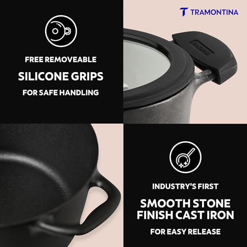 Image of Tramontina TITANEX 20cm / 3.1L Pre-Seasoned Heritage Cast Iron Casserole with Toughened Glass Lid | Gas /Induction Compatible Biryani Pot | Stock Pot with Snap-On Silicone Grips | Life-Time Warranty