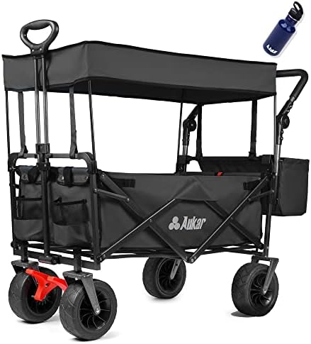 AUKAR Collapsible Canopy Wagon - Heavy Duty Utility Outdoor Garden Cart - with Adjustable Handles, for Shopping, Picnic, Camping, Sports - Black