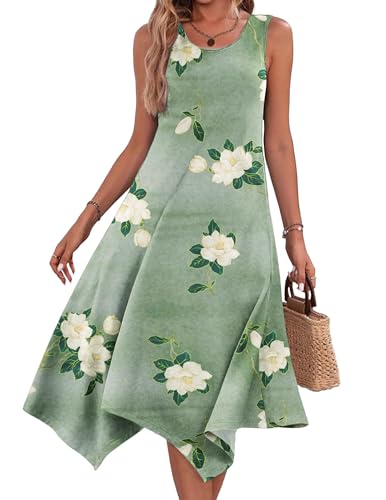 ROFUSSO Sommerkleid Damen Lang Ärmelloses Blumen Boho Kleid Elegant Strandkleid Knielang A Linie Freizeitkleid Rundhals Midikleid Swing Tank Kleid...
