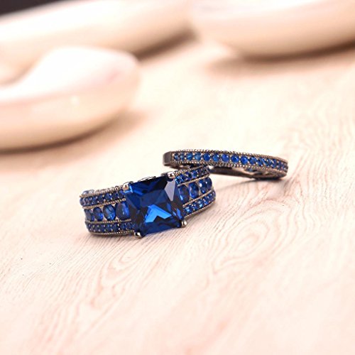Castillna Black Sterling Silver Princess Cut Created Blue Sapphire Engagement Wedding Bridal Rings Set3