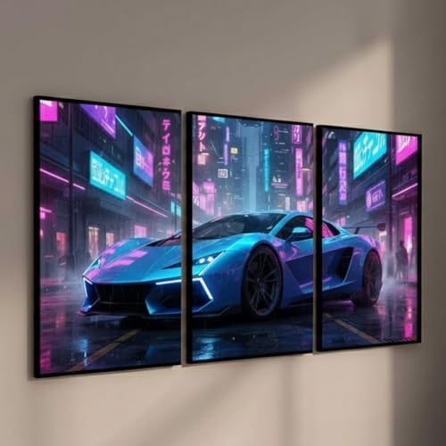 Image of BeauKraft Supercar Racing Poster Set for Wall - 3 Panel Split Posters (12x16 inches each, Unframed), Sports Car Wall Art Decor for Boys Room, Living Room, Garage & Men's Bedroom (Blue)