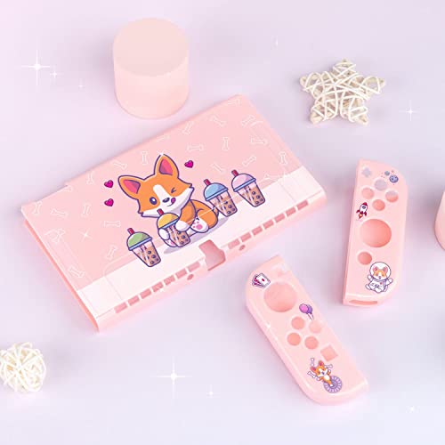 BelugaDesign Etui z motywem psa boba, uroczy kawaii, pies, bąbelkowa, herbata, pastelowa Corgi, pokrowiec ze zwierzątkiem, zatrzaskowa obudowa kompatybilna z Nintendo Switch OLED (Switch OLED, różowe)