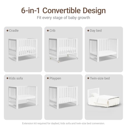 Image of MAMAZING EvoNest 6-in-1 Convertible Baby Mini Crib with Wheels | GREENGUARD Gold Certified, New Zealand Pine Wood, 4 Adjustable Heights, Rocking Mode, Small Spaces Design, White
