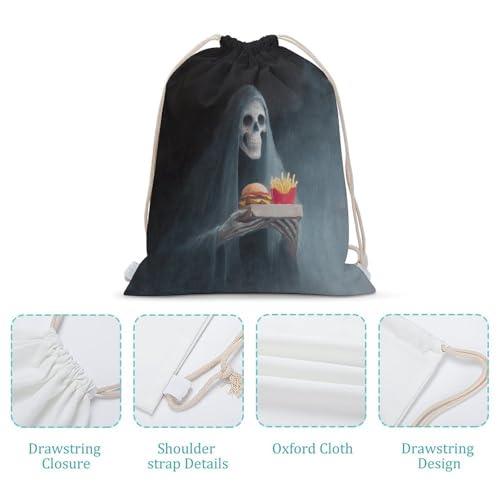 Ghost Holding Cheeseburger And Fries Drawstring Backpack Canvas String Bag Lightweight Sports Gym Bag for Men Women4