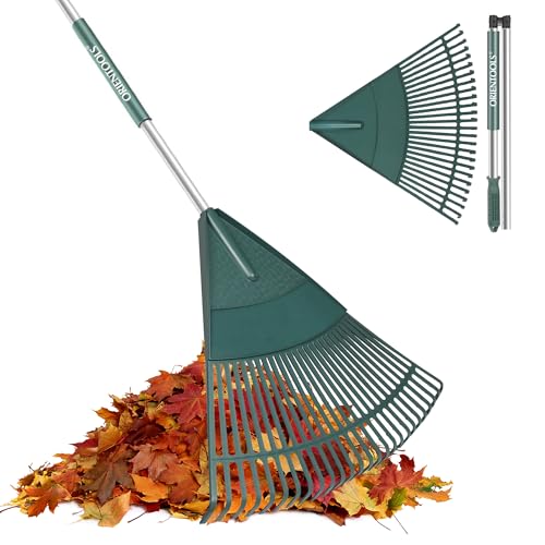 ORIENTOOLS Garten Laubrechen, Garten Rechen für Rasen Laub mit Faltbarer Griff 167 cm Rechen, 26 Starke Zinken Kunststoff Kopf Strauch Rechen, Landschaftsbesen für Rasen und Blätter