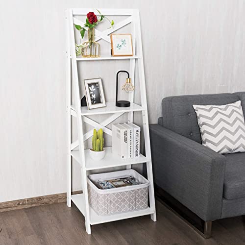 Tangkula 4-Tier Ladder Shelf Bookcase Leaning Free Standing Wooden Frame Decor Bookshelf Storage Flower Shelf Plant Display Shelf For Home Office (White, 1) #TOP4